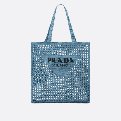 Prada Raffia Bag & Woven Logo In Blue